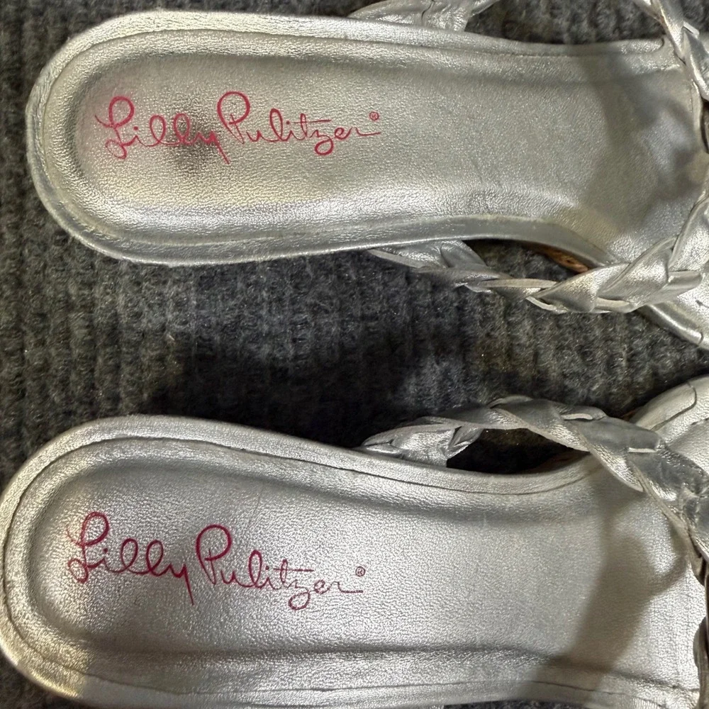 Lilly Pulitzer Wedge Sandals Womens 8.5 M Silver Braided Thong Resort Raffia